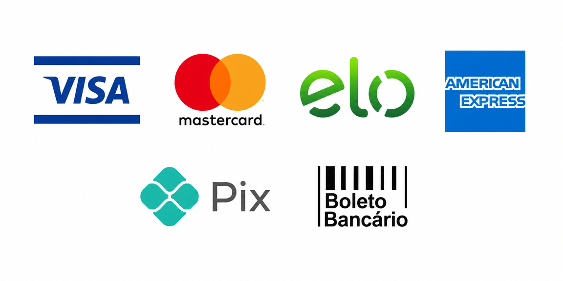 Formas de pagamento: Visa, Mastercard, Elo, Amex, Pix, Boleto